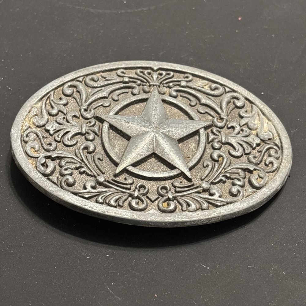 Western Texas Lone Star Oval Belt Buckle - Antique Silver Tone Filigree Floral